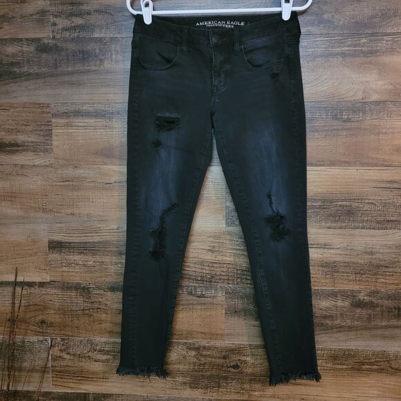 American Eagle Jeans 6 R Jegging Super Low Super StretchX4 Fringe Hem Black Wash - Picture 1 of 12